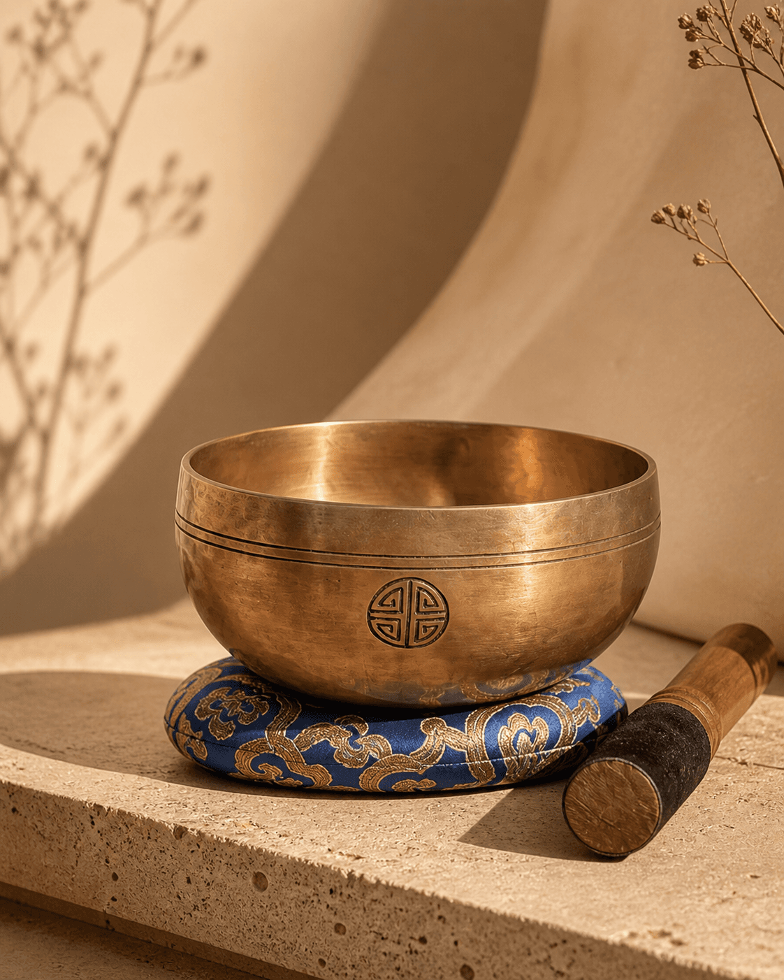 Chuông xoay Full Moon trên gối thổ cẩm xanh